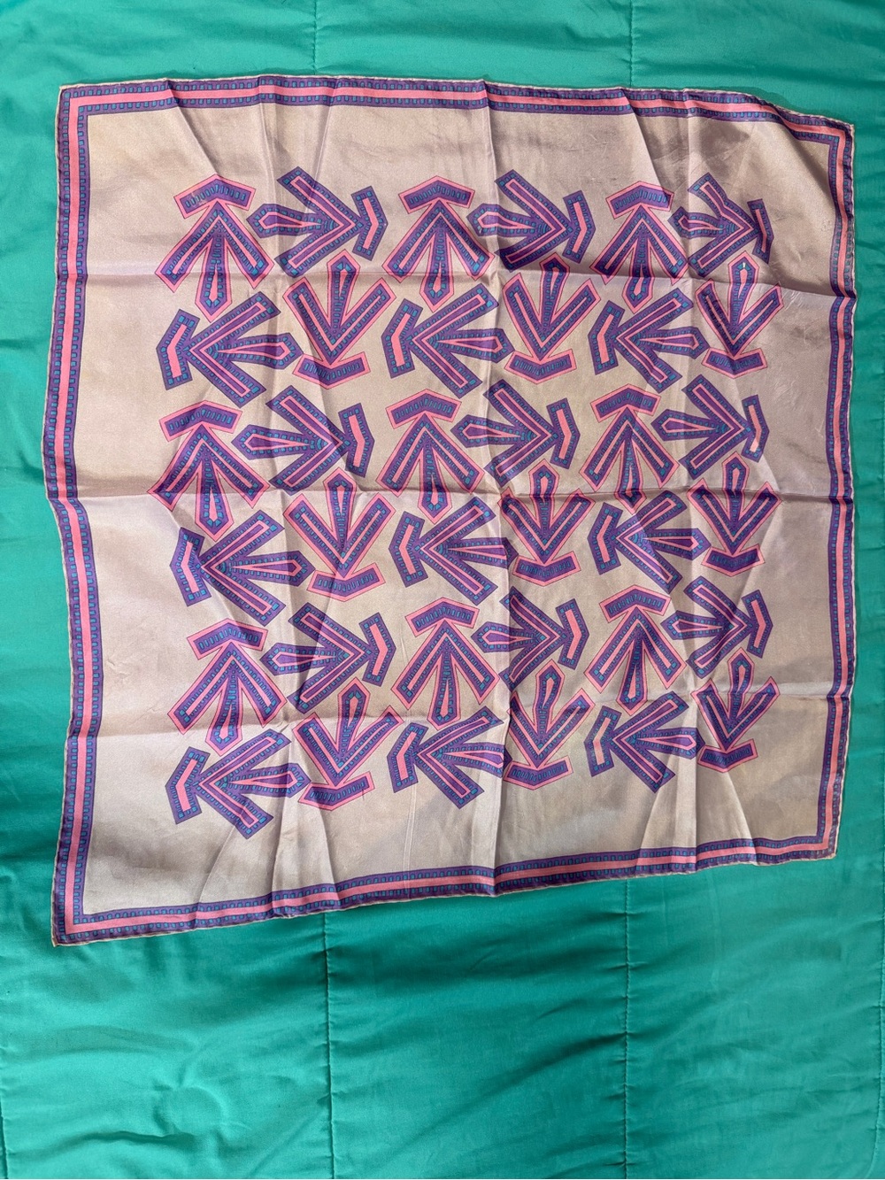 Silk-Feel Geometric Print Square Scarf in Beige and Purple